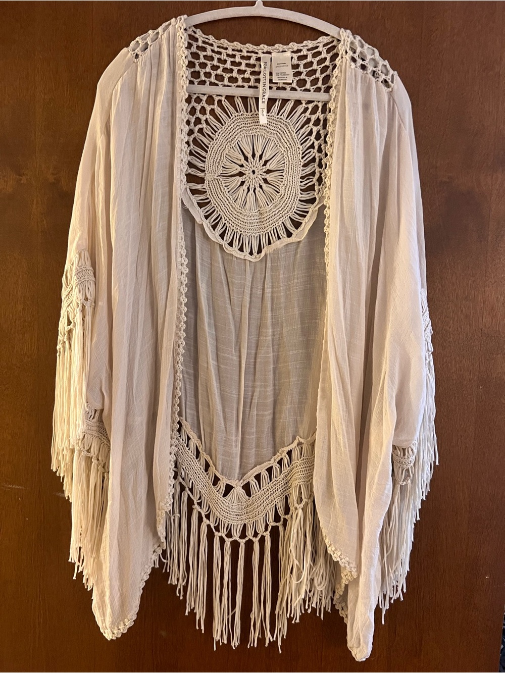 Boho Crochet Fringe Kimono Cardigan - Cream